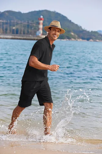 Miniatura 5 de COOFANDY Conjunto de 2 piezas de lino para hombre, camisas Henley casuales de manga corta, pantalones cortos de yoga para la playa, pantalones