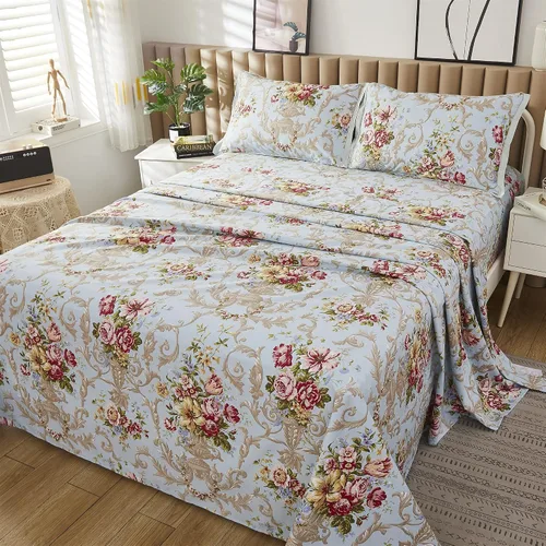 Miniatura 2 de ABREEZE Juego de sábanas de algodón egipcio tamaño individual (1000 hilos) floral y fundas de almohada (4 piezas), sábanas de algodón egipcio