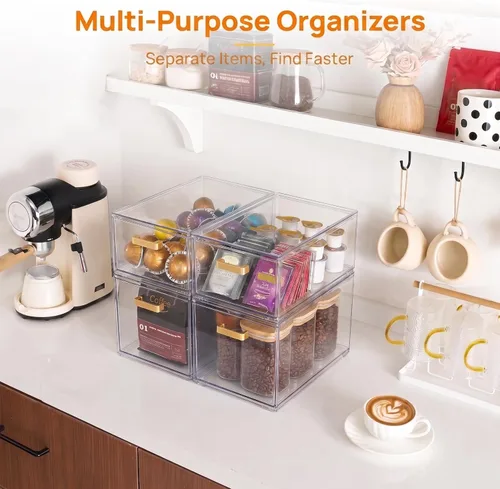 Miniatura 2 de LALOBLUE Organizador de cajones apilable transparente, paquete de 4 cajones de almacenamiento de acrílico con diseño extraíble, organizador que