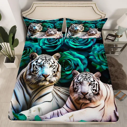 Miniatura 27 de Erosebridal Juego de sábanas bajeras de rosas rojas y leopardo, tamaño individual, diseño de animales africanos salvajes, diseño de plantas