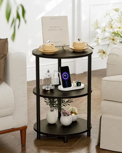 Miniatura 7 de Mesa auxiliar redonda pequeña, mesa decorativa ovalada de 3 niveles para espacios pequeños, mesita de noche de madera rústica y metal para sala