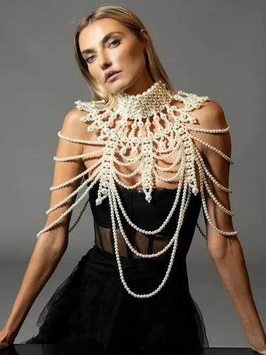 Miniatura 2 de YWCUTE Collar sexy trenzado con flecos de perlas y cadena de cuerpo de perlas de moda francesa multicapa, Beige