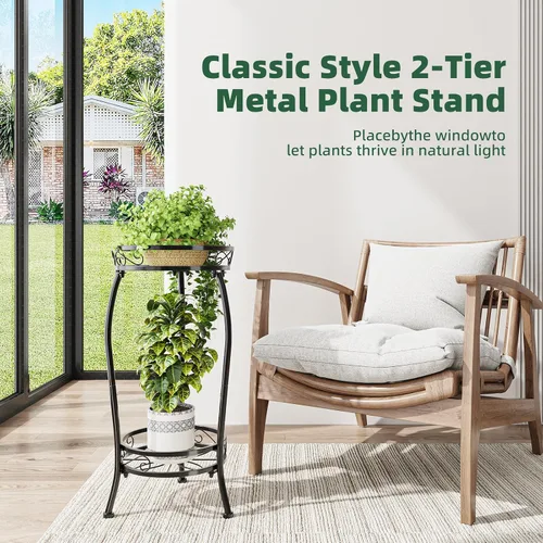 Miniatura 2 de Simple Trending Soporte para plantas para interiores y exteriores, estante redondo alto para plantas, soporte de metal de 2 niveles para maceta