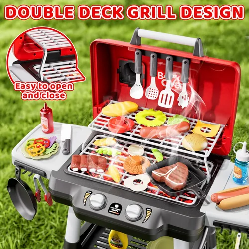 Miniatura 2 de Juguetes de cocina para niños, juego de parrilla BBQ para niños, juguete de barbacoa de 2 niveles con ruedas, sonido de humo y luz, juego