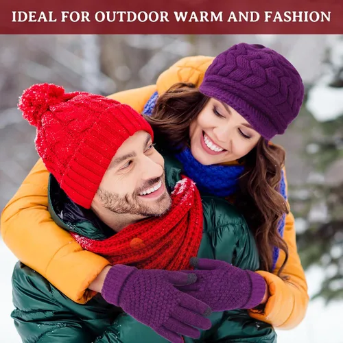 Miniatura 28 de SATINIOR Juego de 4 gorros y guantes de invierno para mujer, gorro de punto cálido, gorro de esquí de nieve con visera y guante para pantalla rojo