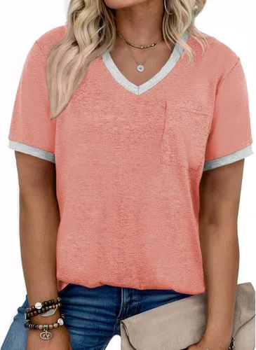 Miniatura 24 de Eytino Blusas de talla grande para mujer, cuello en V, manga corta, a rayas, casual, holgada, con bolsillo (1X-5X)