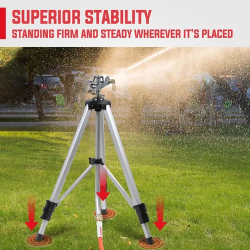 Miniatura 3 de YAMATIC Aspersor de impacto en base de trípode ajustable, área grande de 360 grados, rociador pulsador ajustable resistente para riego de césped