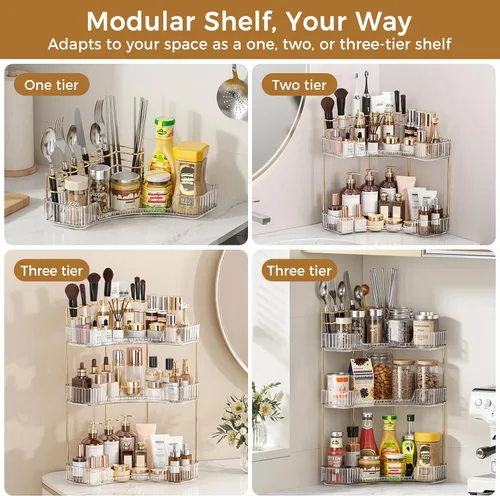 Miniatura 6 de BEFSOP Organizador de esquina para mostrador de baño, organizador de maquillaje mejorado de 2 niveles con soporte para brochas de maquillaje