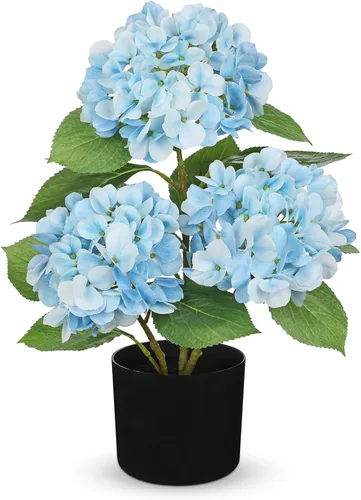 Miniatura 14 de Hollyone Flores artificiales de hortensias azules en maceta, flores grandes de seda de tres cabezas, arreglos florales falsos para interiores