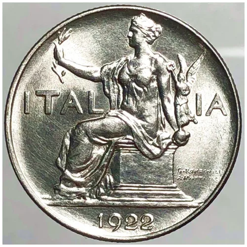 1922 R BEAUTIFUL 1922 ITALIAN LIRE COIN w DRAPED FEMALE holding STATUE of WINGED LIBERTY, OLIVE BRANCH 1 Lire Seller AU