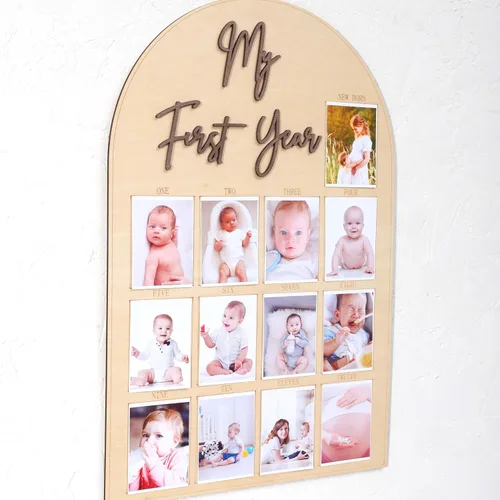 Tablero de fotos de madera de un año, tablero de hitos del mes del primer año, decoraciones de primer cumpleaños para niña/niño, pancarta de 12 meses