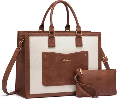 Miniatura 13 de LOVEVOOK Bolso de mano para laptop para mujeres, de 15.6 pulgadas, bolsos de trabajo, bolso de cuero vintage, bolsos de computadora impermeables