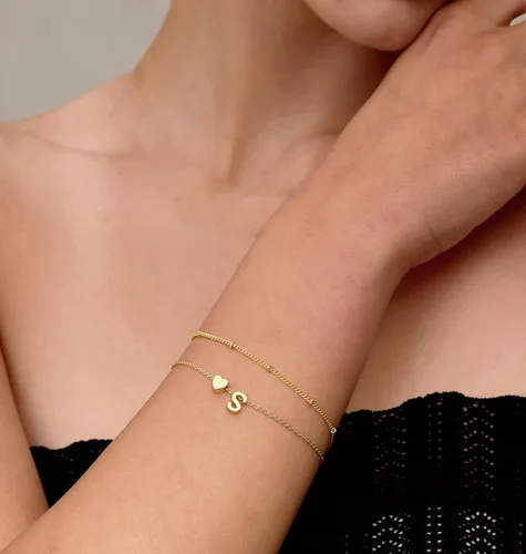 Miniatura 6 de DEARMAY Delicadas pulseras de oro con inicial de corazón para mujer, a la moda, de oro real de 14 quilates, pulsera con dije de letra, joyería linda