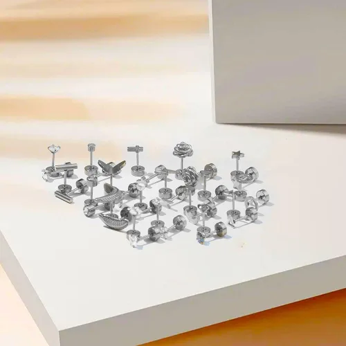 Miniatura 6 de 18 pares de aretes tipo dormilona para mujeres y hombres, de acero inoxidable quirúrgico 316L, hipoalergénicos, con parte trasera plana, aretes