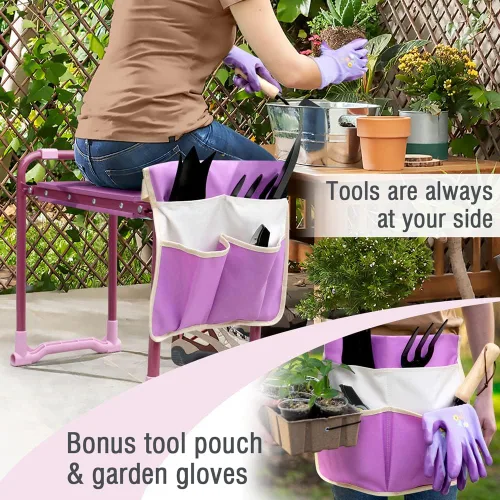 Miniatura 7 de Colwelt Taburete de jardín con marco de acero resistente y resistente, asiento de jardín y banco de rodillas con bolsa de herramientas, almohadilla