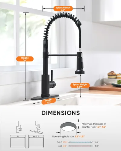 Miniatura 3 de Grifo de cocina negro con rociador extraíble de acero inoxidable de una sola manija, grifos de fregadero de resorte de 1 agujero o 3 agujeros