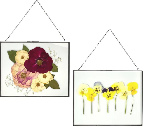 Miniatura 16 de Beedecor Juego de 2 marcos colgantes de vidrio doble para flores prensadas, hojas y obras de arte, marco flotante de metal grande con cadena, marcos