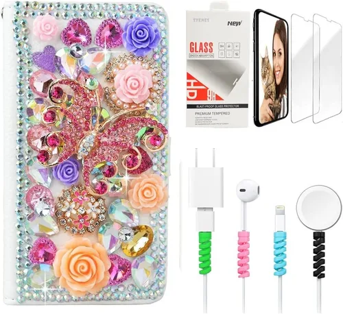 Miniatura 8 de Bling - Funda de piel con tapa para iPod Touch 5ª, 6ª y 7ª - Elegante - Diseño de flores en 3D - Funda de piel con protector de pantalla y protector