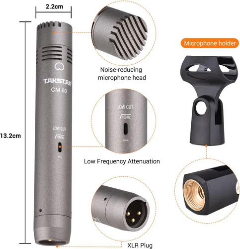 Miniatura 6 de TAKSTAR Micrófono de condensador con parabrisas, micrófono cardioide profesional, micrófono de grabación de diafragma chapado en oro XLR