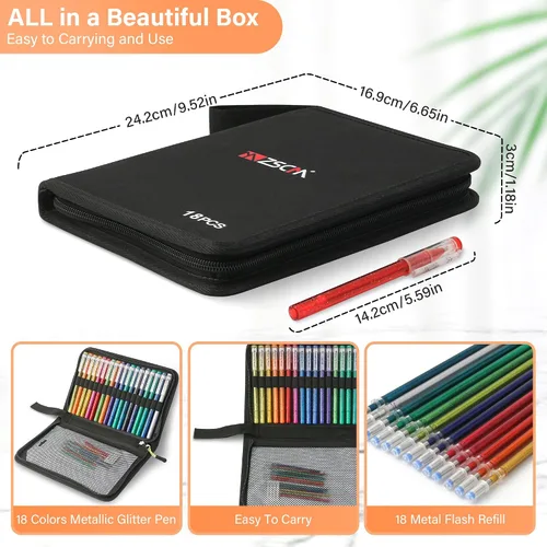 Miniatura 4 de ZSCM - Juego de 36 bolígrafos de gel con purpurina metálica, 18 colores brillantes con 18 recambios de bolígrafos de purpurina en bolsa de lona
