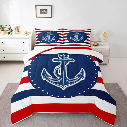 Miniatura 30 de Juego de edredón de brújula azul marino, tamaño individual, 2 piezas, diseño náutico de vela, estilo simple, para niños, adolescentes, adultos
