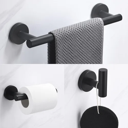 Miniatura 2 de Nolimas Juego de 3 piezas de accesorios de baño negro mate SUS304 de acero inoxidable redondo montado en la pared, incluye barra de toalla de mano 3