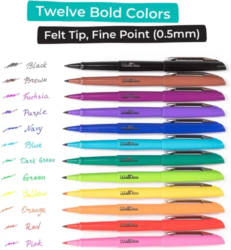 Miniatura 2 de WallDeca Bolígrafos de punta de fieltro, punta fina (0.020 in), colores surtidos del arco iris, 12 unidades Hechos para la escritura diaria