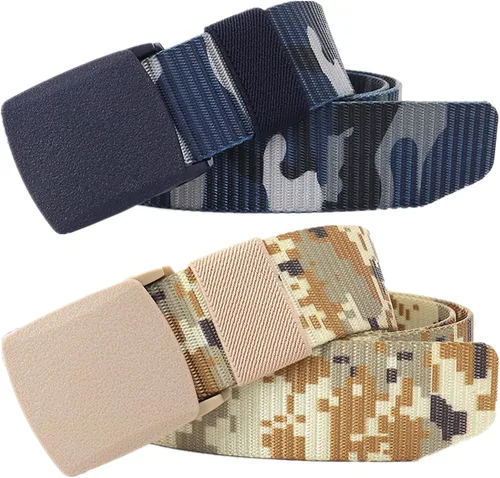 Cinturón para hombre, cinturón táctico militar de nailon con hebilla sin metal, paquete de 2 Camuflaje azul marino y camuflaje del desierto