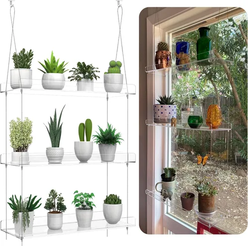 Miniatura 9 de Estantes transparentes colgantes de 2 niveles para plantas en ventanas, estante acrílico de ventana y pared para plantas para cocina, jardines
