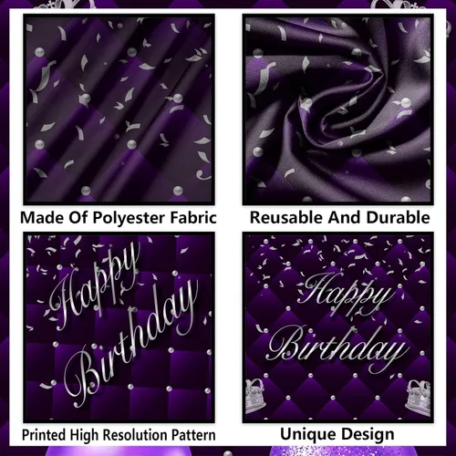 Miniatura 3 de Cartel morado de feliz primer cumpleaños telón de fondo para cabina de fotos, globos de corona plateada, decoración temática para niña, aniversario
