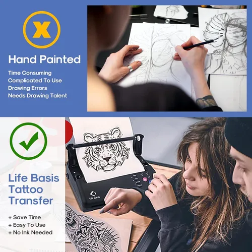 Miniatura 6 de LifeBasis Impresora de plantillas de transferencia de tatuajes, copiadora térmica de tatuajes con 30 piezas de papel de transferencia de plantillas