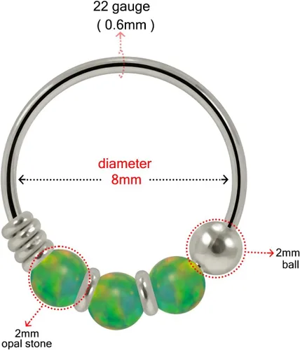 Miniatura 3 de AtoZ Piercing Triple ópalo bola en oro blanco sólido de 9 K calibre 22 aro nariz anillo joyería