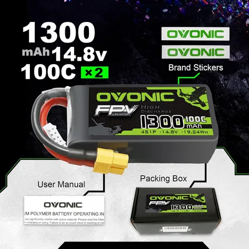 Miniatura 6 de OVONIC 4s Lipo Battery 100C 1300mAh 14.8V Lipo Batería con conector XT60 para RC FPV Racing Drone Quadcopter (2 paquetes)