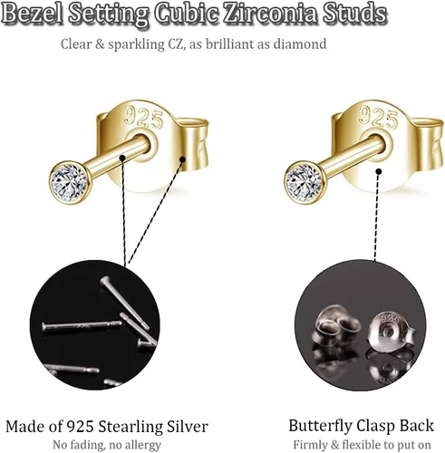 Miniatura 2 de Aretes tipo dormilona de plata esterlina para mujeres, hombres, niñas. 3 pares de pequeños aretes redondos de circonita cúbica con circonita cúbica