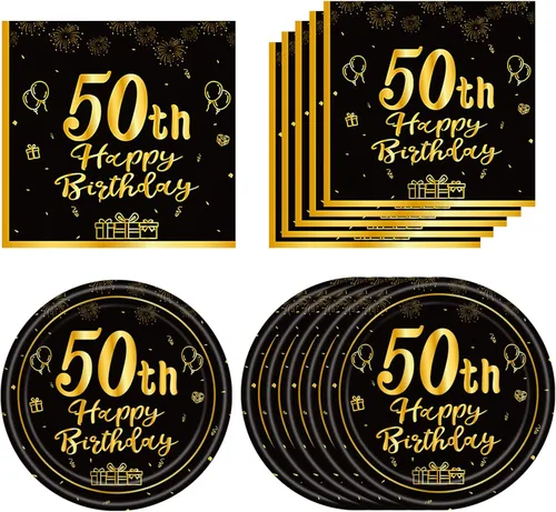 40 piezas Decoraciones de 50 cumpleaños Juego de mantelería para fiesta de 50 cumpleaños Incluye platos y servilletas de 50 cumpleaños en negro y