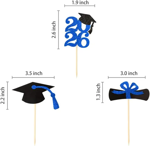 Miniatura 2 de Decoración para cupcakes de graduación con purpurina azul 2026, selecciones de alimentos/aperitivos, suministros de fiesta de graduación de 2026