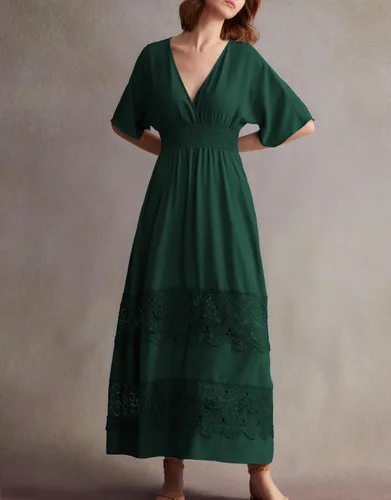 Miniatura 33 de Vestido largo de encaje para mujer de manga corta y cuello en V, vestido de fiesta estilo bohemio con cintura fruncida, vestido bohemio para mujer