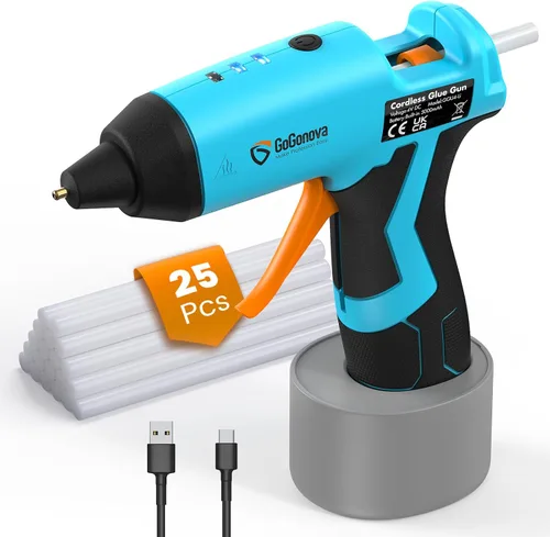 GoGonova - Pistola de pegamento caliente inalámbrica, precalentamiento rápido de 15 Ah, batería incorporada, pistola de pegamento termofusible, Azul