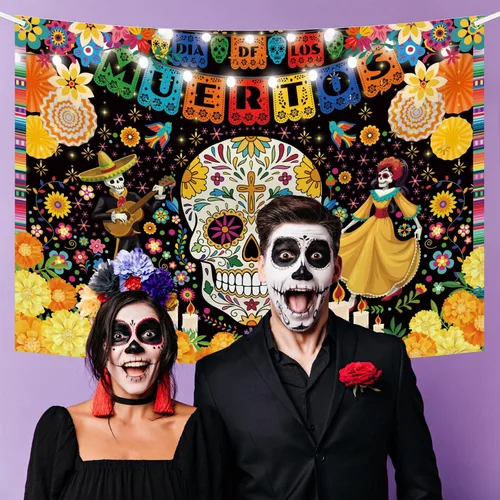 Miniatura 7 de MEHOFOND Telón de fondo del Día de los Muertos de 7 x 5 pies para fiesta mexicana, Día de los Muertos, decoración de fiesta de cumpleaños, pancarta