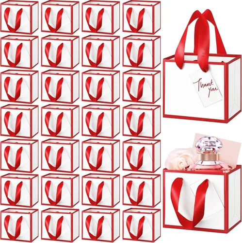 Yeaqee 50 mini bolsas de regalo de papel metálico con asa de 4.75 x 2.25 x 4 pulgadas, pequeña bolsa de regalo para bricolaje, etiqueta de Blanco