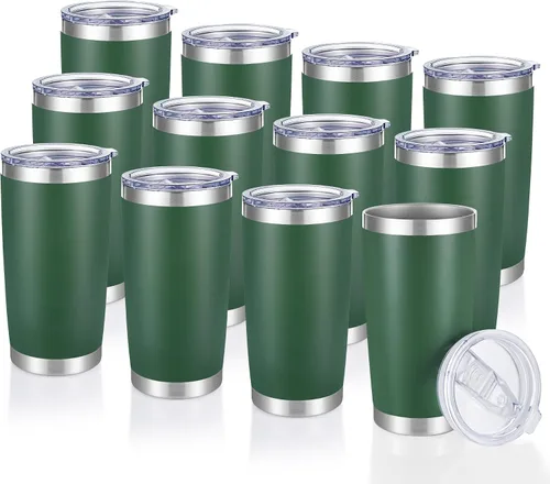 Miniatura 38 de Vaso de acero inoxidable de 20 onzas con tapa, doble pared aislada al vacío, taza de café de 20 onzas con recubrimiento en polvo para bebidas Verde