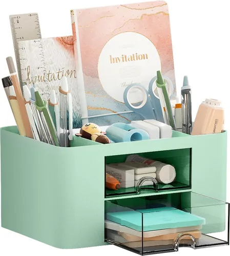 Miniatura 17 de Marbrasse Organizador de bolígrafos con 2 cajones, portaplumas multifuncional para escritorio, organizadores de escritorio y accesorios con 5