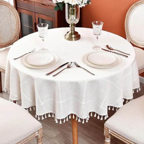 Miniatura 19 de Mantel redondo a cuadros de 36 pulgadas de algodón y lino, mantel redondo grueso, cubierta para mesa de café para casa de campo, cocina, comedor