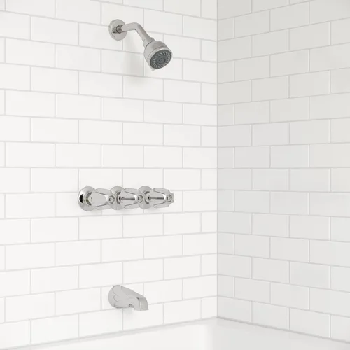 Miniatura 4 de Pfister Grifo de bañera y ducha de 3 manijas con manijas de metal en cromo pulido