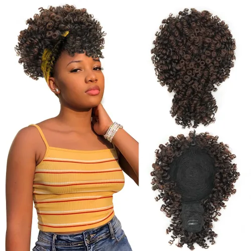 Miniatura 12 de MODSIGHT Cola de caballo afro hinchada con cordón y flequillo, moño de cola de caballo rizada crespa negra con flequillo, postizos para peinados