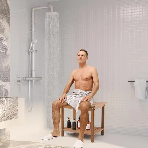 Miniatura 6 de Apolimi Banco de ducha HDPE, taburete de spa de 2 niveles con estante de almacenamiento, asiento de ducha antideslizante y resistente al agua