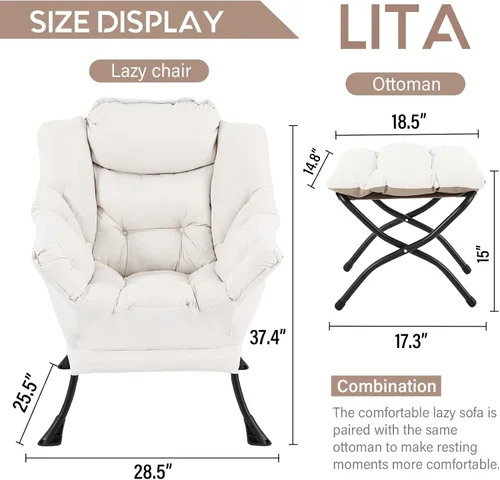 Miniatura 3 de LITA - Silla perezosa con otomana, sofá tapizado de ocio moderno de acento, silla de lectura contemporánea de salón con reposabrazos y bolsillo