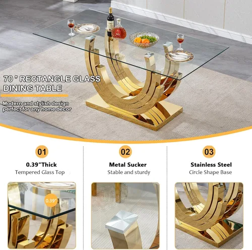 Miniatura 4 de Juego de mesa de comedor de cristal dorado moderno de 70 pulgadas para 4, juego de mesa rectangular de 5 piezas con base de acero en forma de anillo