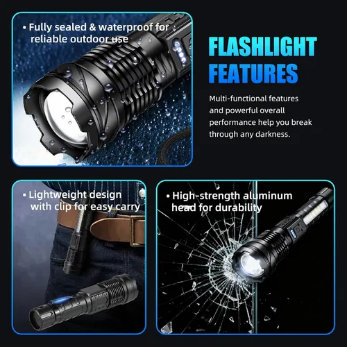 Miniatura 6 de Linternas recargables LED de alto lúmenes, paquete de 2 luces LED láser blanco súper brillante de 7 modos con zoom, linternas tácticas, carga USB-C