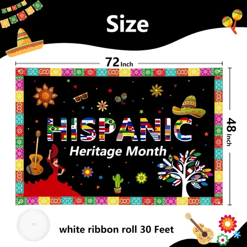 Miniatura 3 de Cartel extra grande del mes de la herencia hispana de 72 x 48 pulgadas, decoración de celebración de países hispanohablantes latinoamericanos